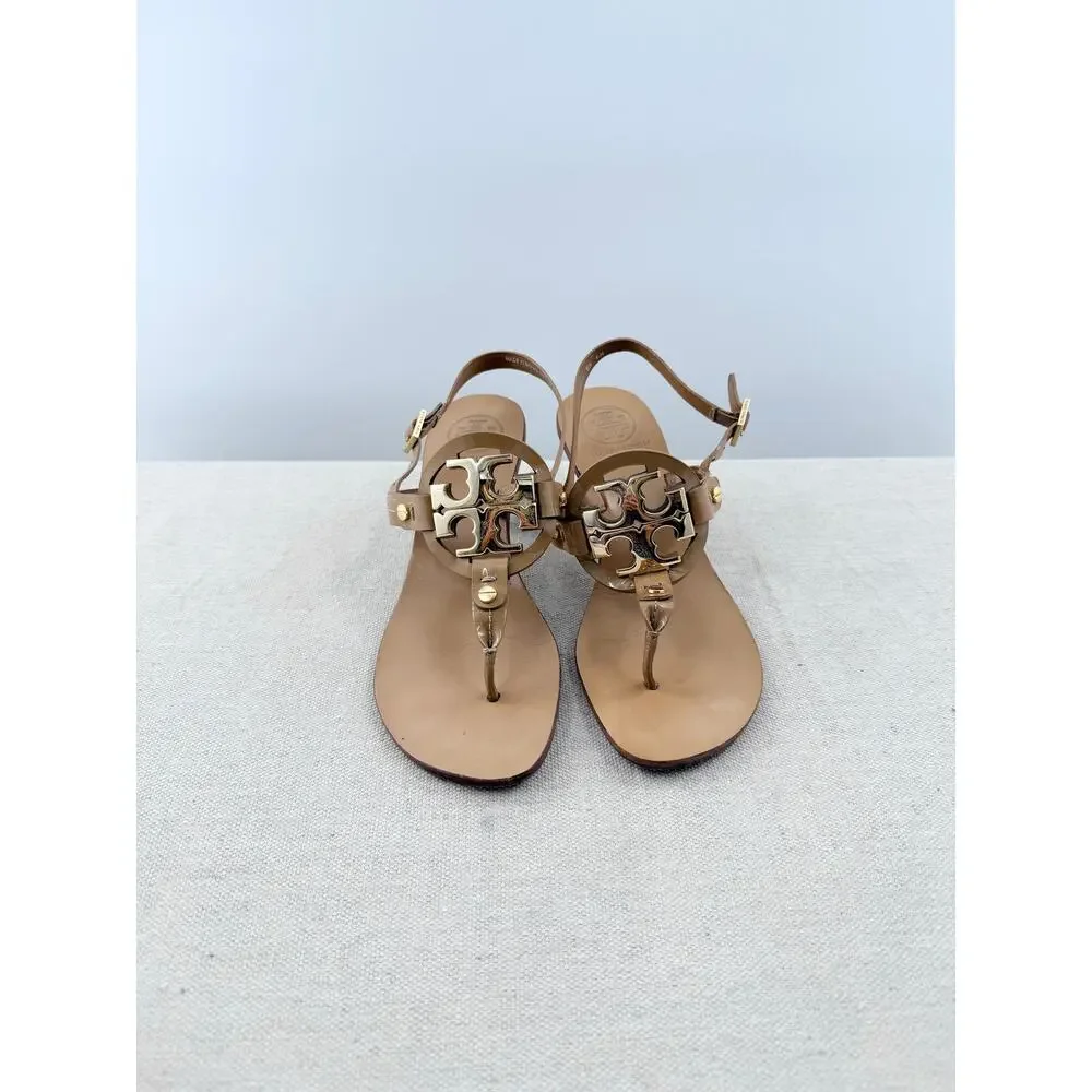 Tory Burch Leather Mid-Heel Thong Sandals with Metallic Logo Beige Women's US 6